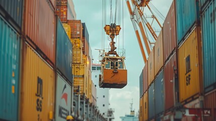 Canvas Print - Crane loading cargo on freight ship, close frontal view, port operation, logistical efficiency 