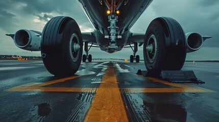 Canvas Print - Aircraft landing gear touching down, tight shot, moment of arrival, engineering reliability, runway contact 