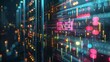 Server rack lights blinking in a dark room, detailed shot, data flow, network heart, IT infrastructure 
