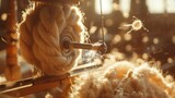 Fototapeta  - Wool being spun into yarn, tight shot, traditional technique, warmth in creation, textile origin 