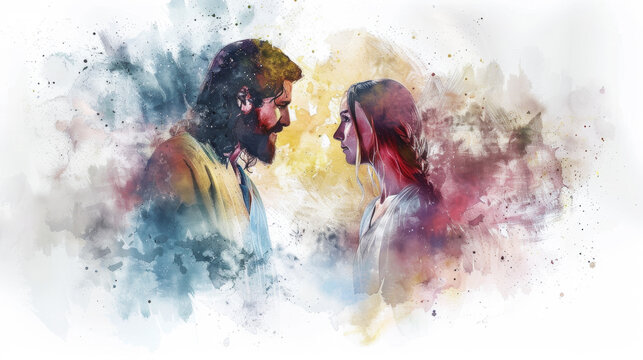 Jesus depicted in a digital watercolor painting on a white background, healing the woman with the spirit of infirmity.