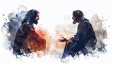 Fototapeta Kosmos - Digital artwork showing Jesus and Nicodemus discussing the concept of spiritual rebirth on a white backdrop.