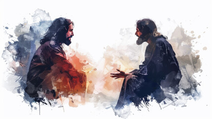 Digital artwork showing Jesus and Nicodemus discussing the concept of spiritual rebirth on a white backdrop.
