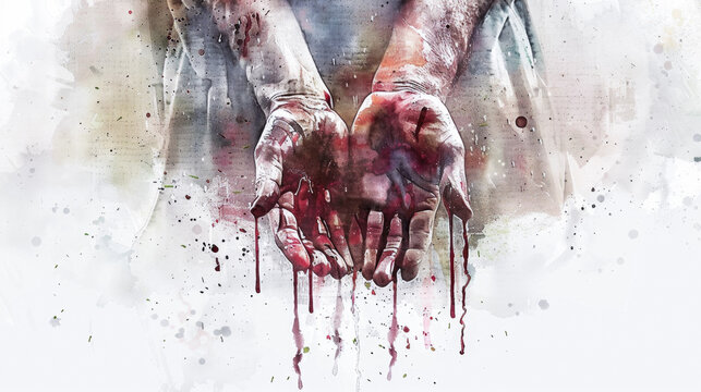A digital painting on a white background depicting Jesus' hands with nail wounds, blood flowing down his wrists.