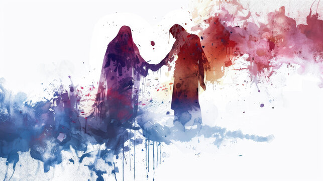 Create a digital watercolor portrait on a white canvas of Jesus performing a miraculous healing on a woman with a long-standing medical condition.