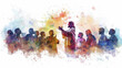 Jesus teaching the Beatitudes to his followers in a digital watercolor illustration on a white backdrop.