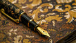 close up stylish black fountain pen on flower pattern cover book.