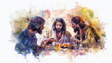 Fototapeta Kosmos - Jesus dining with sinners and tax collectors, depicted in a digital watercolor on a white backdrop.
