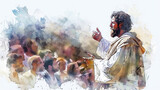 Fototapeta Kosmos - Jesus preaching the Sermon on the Mount depicted in a digital watercolor painting on a white background.
