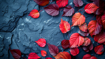 
Autumn leaves on a dark blue background with colored red leaves on a blue slate background. Top view, copy space,