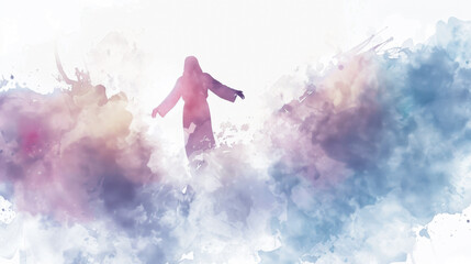 Jesus rising into the clouds in a digital watercolor painting on a white backdrop.