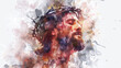 Jesus' serene expression during the crucifixion captures the essence of divine grace, depicted in a digital watercolor painting on a white background.