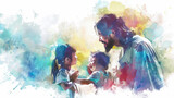 Fototapeta Kosmos - Jesus blessing the children depicted in a digital watercolor painting on a white background.