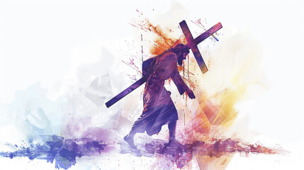 Creating a digital artwork of Jesus carrying the cross against a white backdrop using watercolor techniques.