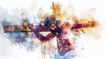 Wall Mural - An artistic representation of Jesus bearing the weight of humanity's sins on the cross through digital watercolor painting on a white backdrop.