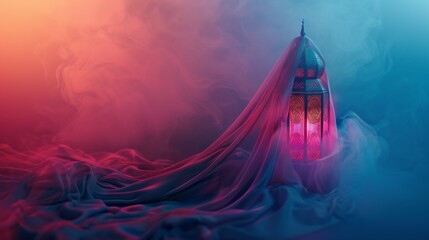 Wall Mural - Ramadan lantern synth neon pattern with silk cloth wrapped, concept of revealing the month of Ramadan