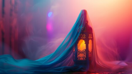 Wall Mural - Ramadan lantern synth neon pattern with silk cloth wrapped, concept of revealing the month of Ramadan