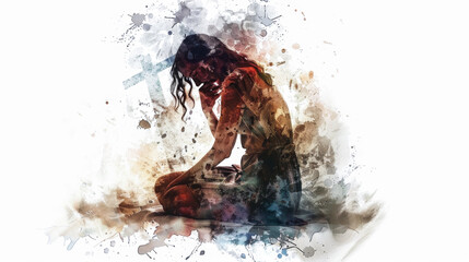 Wall Mural - Mary Magdalene, filled with sorrow, kneels at the base of the cross in a digital watercolor painting on a white background.