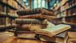 stack of old vintage books on blurred library background.