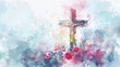 A digital watercolor painting on a white backdrop depicting the cross decorated with flowers, symbolizing the beauty of redemption.