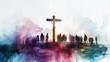 Mourners gathered at cross, grieving Jesus. Digital watercolor painting on white background.