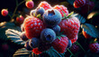 Summer berries covered with morning dew. A close-up image of a bunch of ripe summer berries strawberries, blueberries, and raspberries each drop of morning dew reflecting the early sunlight.