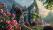 Morning light illuminates a serene church ruin embraced by roses and ivy, evoking a tranquil ambiance and nature's gentle reclamation