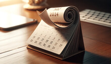 Close-up Image Of A Calendar Page Moving From December To January. The Calendar Is Located On A Wooden Table; A Small Festive New Year's Decor Is Depicted On A Soft Background.