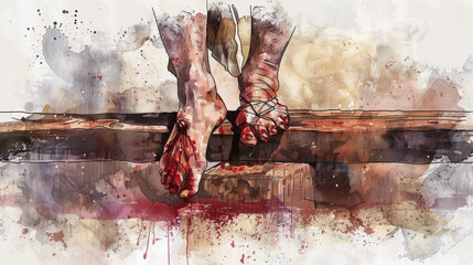 Wall Mural - Digital art depicting Jesus' feet nailed to the cross, with blood staining the wooden surface below on a white background.