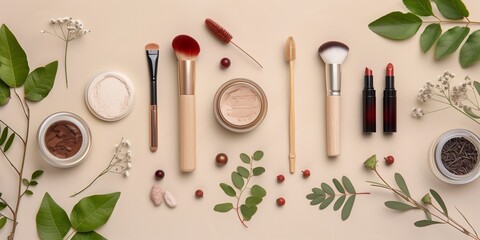 Poster - A collection of makeup products including a brush, a bottle of foundation