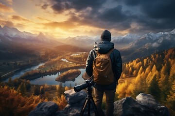 Photographer taking photo of beautiful landscape with lake and mountains at sunset