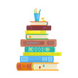 Large stack of books and a glass of colored pencils on it. Isolated on white background. Vector flat illustration