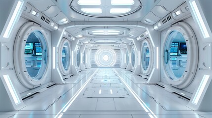 a futuristic spaceship interior with a white and blue color theme. The corridor has large windows on the sides, and there is a round door at each corner leading to different rooms , 3D rendering