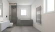 © Helen-HD - Modern bathroom with white tiled walls, spacious shower area, sleek toilet. Well-lit space exudes contemporary ambiance, ideal for relaxation and luxurious bath experience.