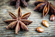 Star anise and seeds on wooden background