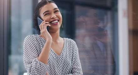 Poster - Happy woman, window and business with phone call for discussion, communication or chat at office. Female person or creative employee talking on mobile smartphone with smile in conversation or startup