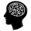 Human brain in head in form of maze labyrinth. engraving PNG illustration. Scratch board style imitation. Black and white hand drawn image.