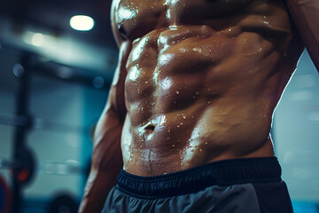 Wall Mural - close up of sporty male stomach in modern gym