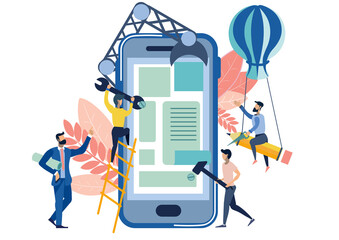User interface of mobile application createion metaphor. Business work situation in flat style. Cartoon PNG illustration