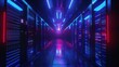 A dark and mysterious data center with red and blue lights illuminating the room.