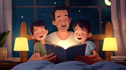 Dad reading to kids, capturing the magic of bedtime stories, family bond, night time