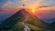 © InnovPixel - Steep path to mountain summit, goal flag at the top, sunset, representing perseverance and ambition in business aspirations