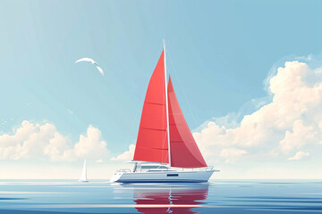 Wall Mural - Yacht with red sails on sea waves. Cloudy sky and white bird. Summer vacation on ocean illustration