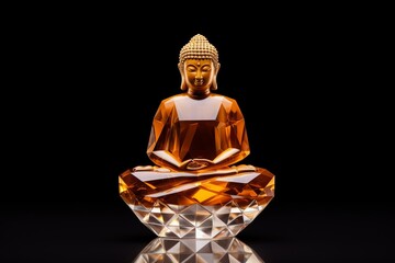 Wall Mural - a black background, a crystal glass sculpture of a seated Buddha statue serves as a profound symbol of inner peace and spiritual awakening, radiating serenity amidst the darkness.