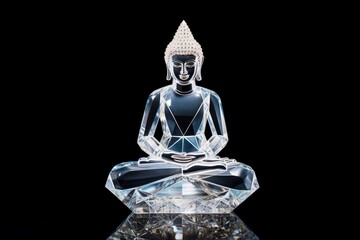 Wall Mural - a black background, a crystal glass sculpture of a seated Buddha statue serves as a profound symbol of inner peace and spiritual awakening, radiating serenity amidst the darkness.