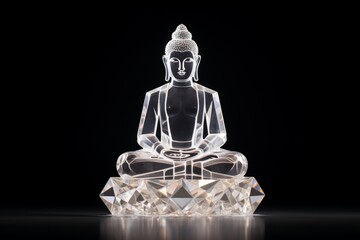 Wall Mural - a black background, a crystal glass sculpture of a seated Buddha statue serves as a profound symbol of inner peace and spiritual awakening, radiating serenity amidst the darkness.