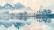 Amazing watercolor view of foggy morning of a mountain range with a lake in the foreground. water is calm and the sky is blue. travel landscapes and destinations
