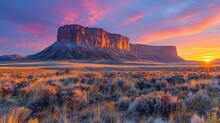 The Sun Setting Behind A Towering Mesa, Painting The Sky In Hues Of Orange And Pinkphoto Illustration