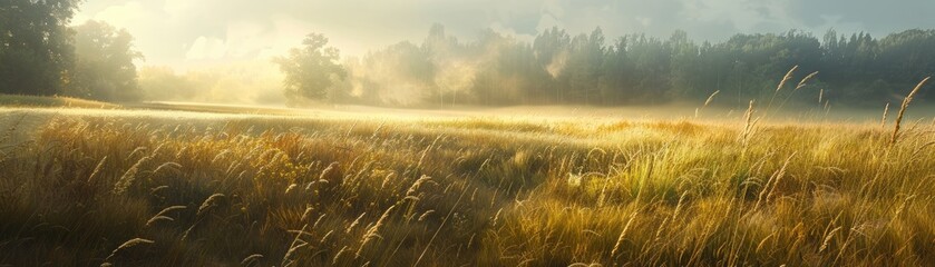 Wall Mural - A field of tall grass with a foggy sky in the background
