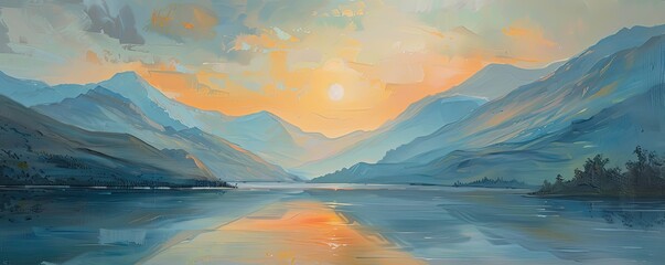 Wall Mural - A painting of a mountain range with a sun in the sky